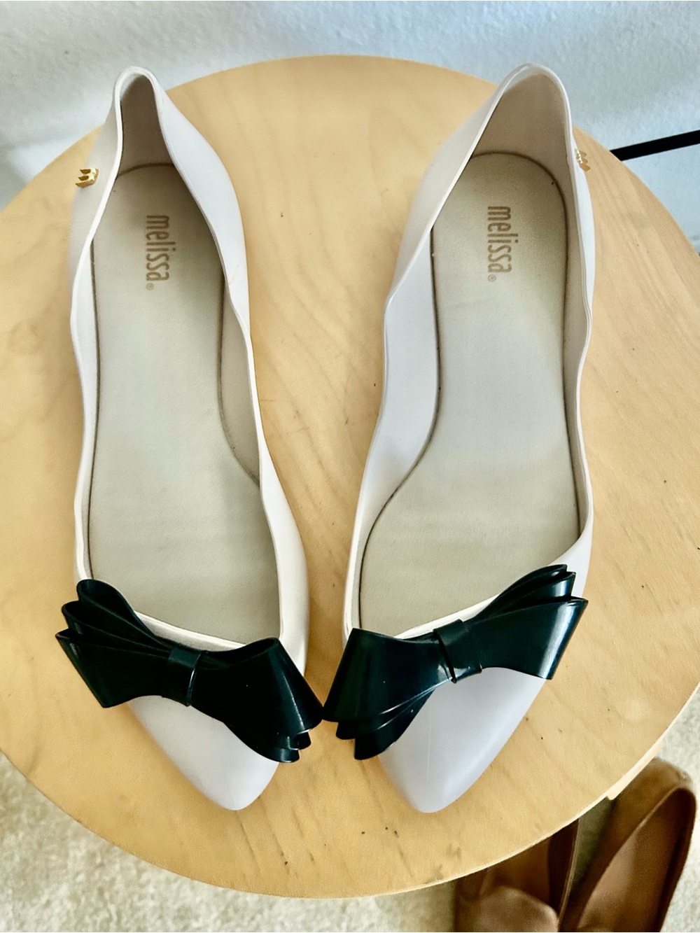 Melissa Women's Cream Pointed-Toe Flats with Black Bow Accent